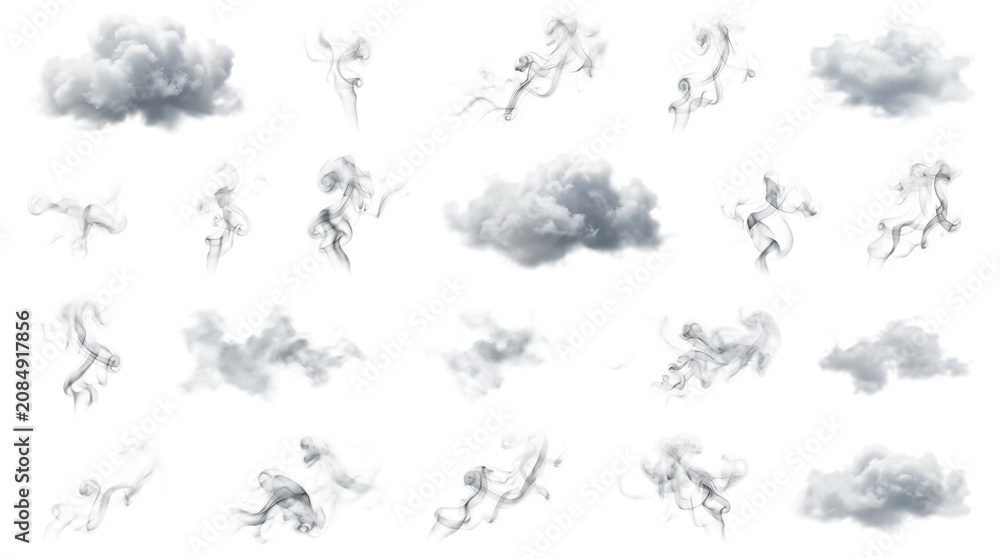 Fototapeta premium Collection of abstract smoke swirls and fluffy clouds isolated on white background