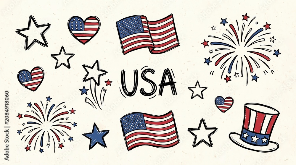 Fototapeta premium Hand-drawn collection of patriotic American symbols including flags, stars, hearts, fireworks, and an Uncle Sam hat, perfect for USA celebrations.