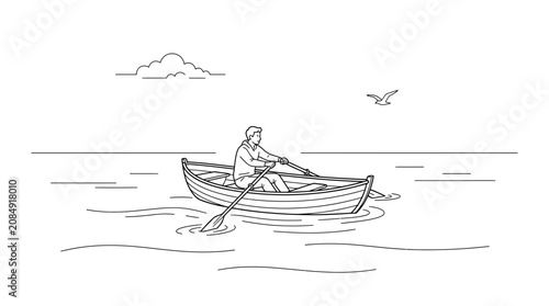 Photos Man rowing boat on water, solitary journey, simple line art illustration