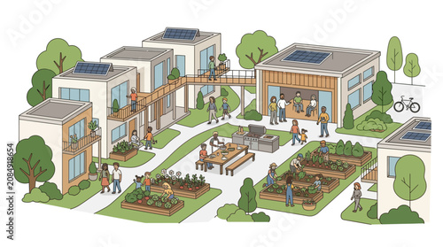 Sustainable Eco-Community with Solar Panels and Communal Gardens