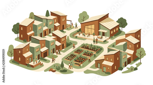 Sustainable Eco-Village Illustration with Community Garden and Modern Houses