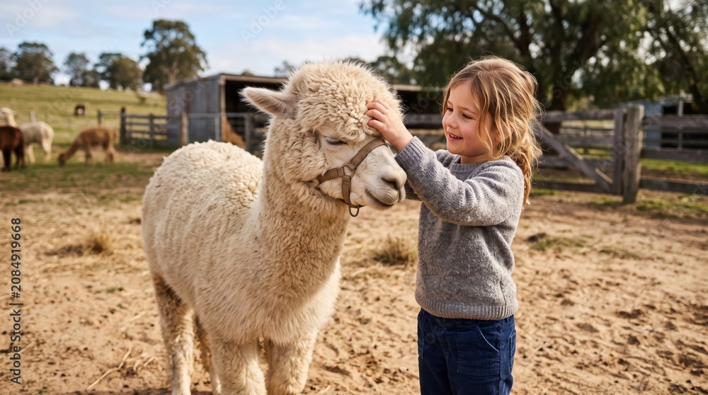 Fototapeta premium Young girl petting fluffy alpaca in rural farm paddock during daytime, friendly interaction between child and livestock in pastoral outdoor setting