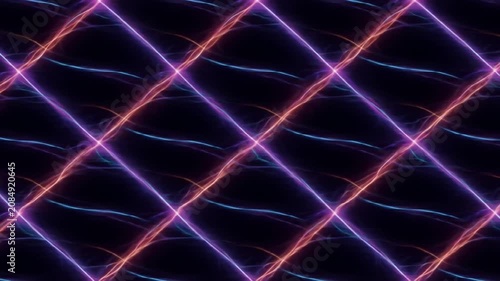 Diagonal pattern of pinkorange lines with blue curves on a dark background