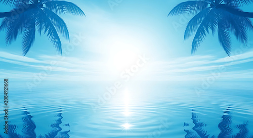 Tropical sunset landscape with silhouetted palm tree fronds and rippling blue water surface tropical vacation sunlight paradise relaxing reflection landscape silhouette tranquil