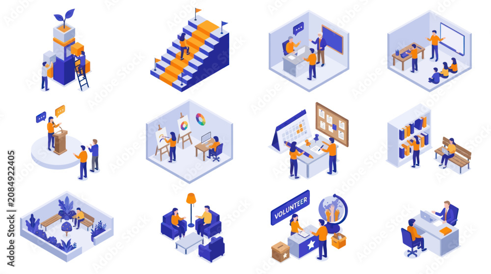 Fototapeta premium Isometric Business Concepts Collection - Growth, Collaboration, Innovation, and Workplace Scenes.