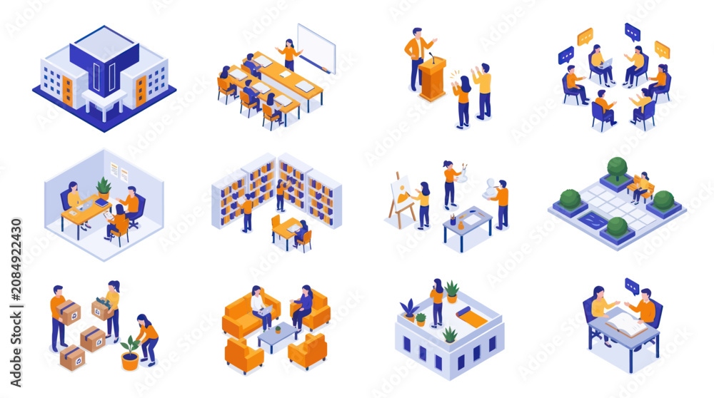 Fototapeta premium Isometric Business People Working Together in Various Office and Outdoor Settings.