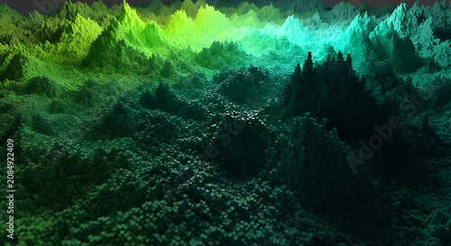 Topographic map visualization of glowing green and teal terrain landscape with topography landscape abstract visualization rendering elevation geography environment technology graphical