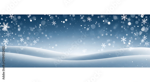 Winter landscape with soft snow hills and falling snowflakes against a deep blue sky landscape background christmas backdrop horizontal minimalist atmosphere