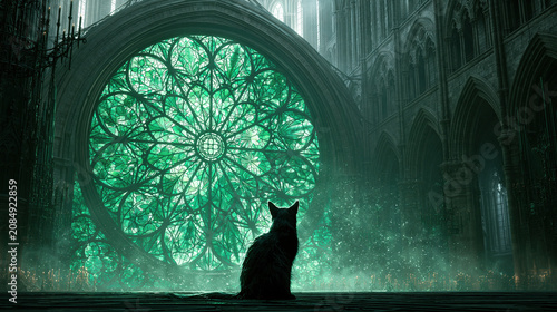 mysterious black cat silhouette before emerald stained glass rose window