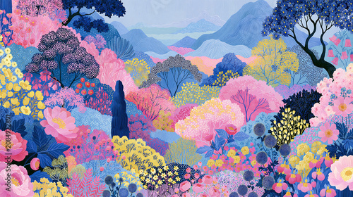 vintage botanical summer landscape illustration