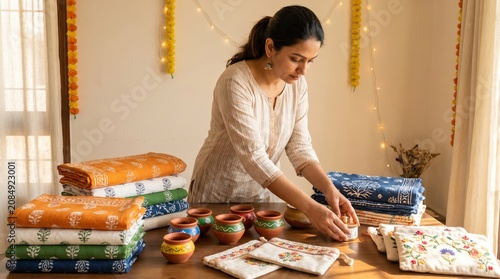 Woman Arranging Indian Crafts and Decorations for India's Independence Day Celebration