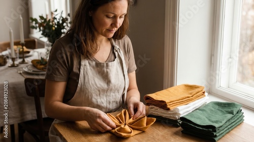 Woman meticulously folding origami-style napkins for India's Independence Day celebration table setting
