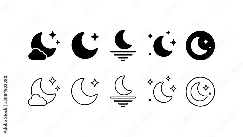 Fototapeta premium Moon Night Icon Set in Silhouette and Outline Vector Style