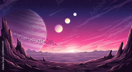 Cosmic landscape with rocky alien planet surface looking out at distant planets and glowing nebulae sci fi universe astronomy exploration dystopian starlight mysterious dreamscape celestial