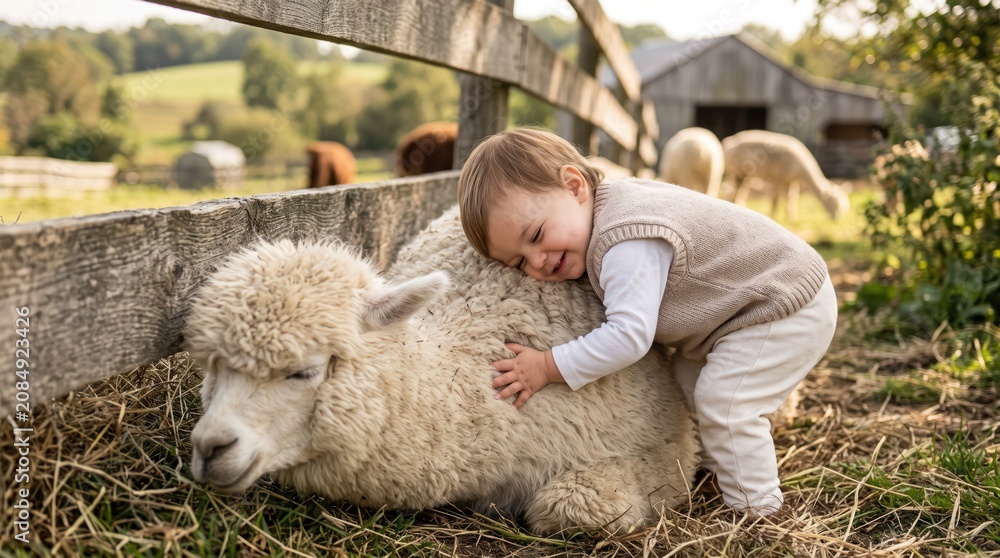 Fototapeta premium Toddler hugging fluffy white alpaca lying beside wooden fence on grassy farm during warm afternoon, child showing affectionate interaction with animal in pastoral setting