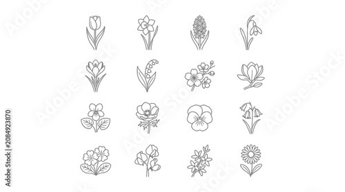 Collection of spring flower line art icons