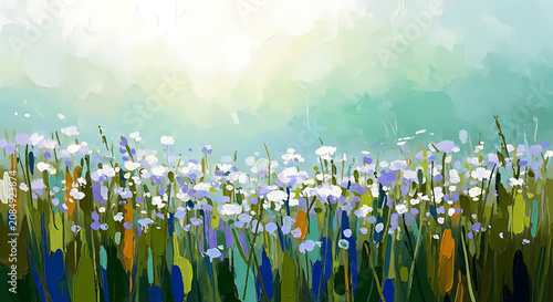 Impressionist oil painting of a field of colorful wildflowers blooming in a summer meadow with soft light painting impressionism wildflowers blooming colorful brushstrokes botanical landscape