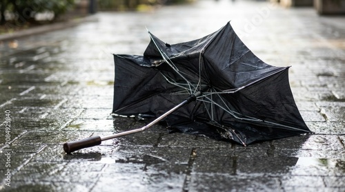 Broken black umbrella on wet pavement.