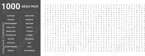 Big set of 1000 thin line web icons such as Technology, Weather, Fitness, Nature, Business, Education, Entertainment, Analytics, Clothing, Programming, Seo, Gaming, Elearning, Electronics, Fashion