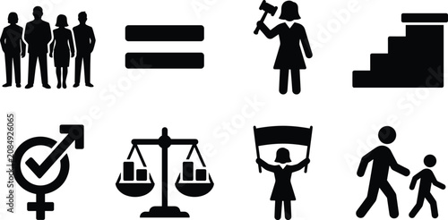 Minimalist solid black silhouette icon set representing gender equality, social justice, women's rights activism, and legal balance