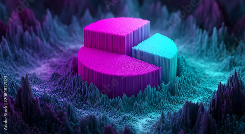 Neon glowing 3D pie chart business data visualization on abstract terrain with business visualization statistics analysis information abstract technology futuristic marketing corporate