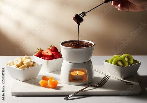 Delicious Chocolate Fondue with Fresh Strawberries, Bananas, and Kiwi Slices