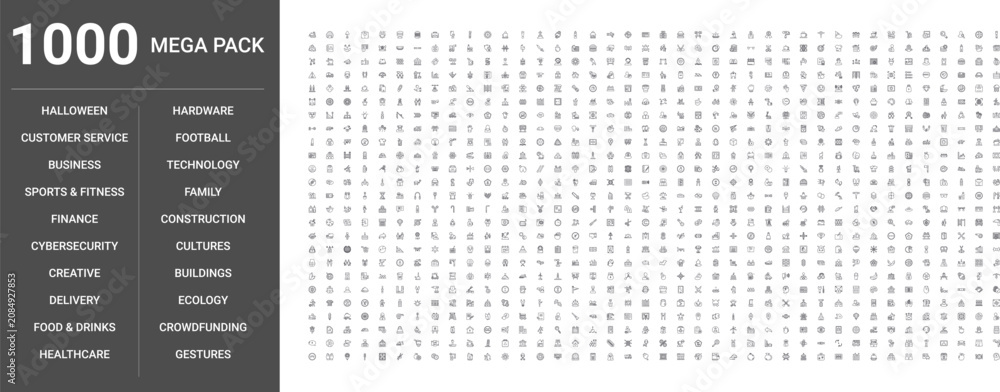Fototapeta premium Big set of 1000 thin line web icons such as Delivery, Business, Construction, Finance, Technology, Food,drinks, Sports,fitness, Healthcare, Ecology, Buildings, Customer service, Gestures
