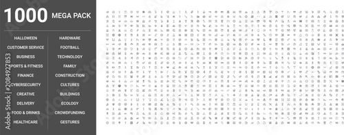 Big set of 1000 thin line web icons such as Delivery, Business, Construction, Finance, Technology, Food,drinks, Sports,fitness, Healthcare, Ecology, Buildings, Customer service, Gestures