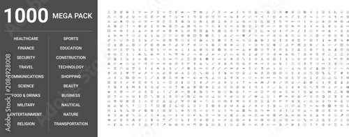 Big set of 1000 thin line web icons such as Technology, Beauty, Construction, Finance, Business, Sports, Healthcare, Transportation, Food,drinks, Education, Communications, Shopping, Travel
