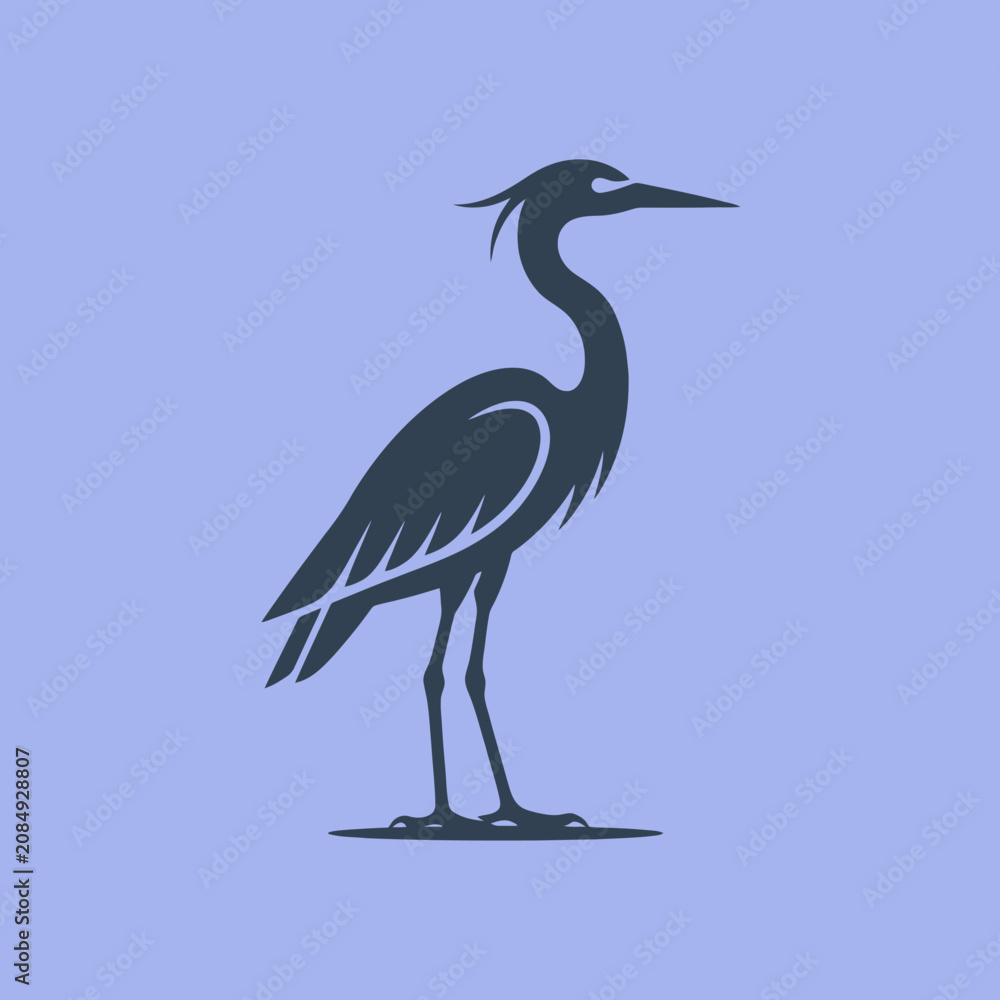 Fototapeta premium A dark blue heron silhouette stands on a light purple background