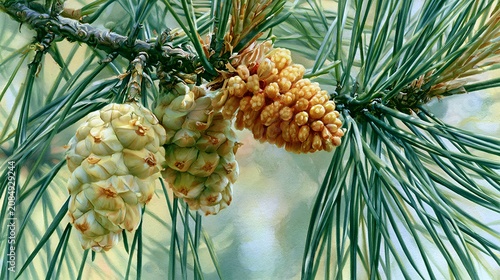 Detailed Closeup of Pine Branch with Male and Female Cones in Soft Colors