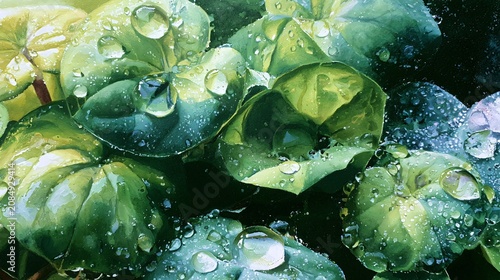 Closeup Raindrops Green Leaves Soft Colours Photorealistic
