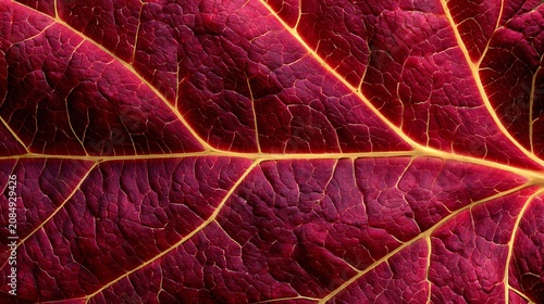 Vibrant Closeup of Red Autumn Leaf with Yellow Veins Soft Colors Photo