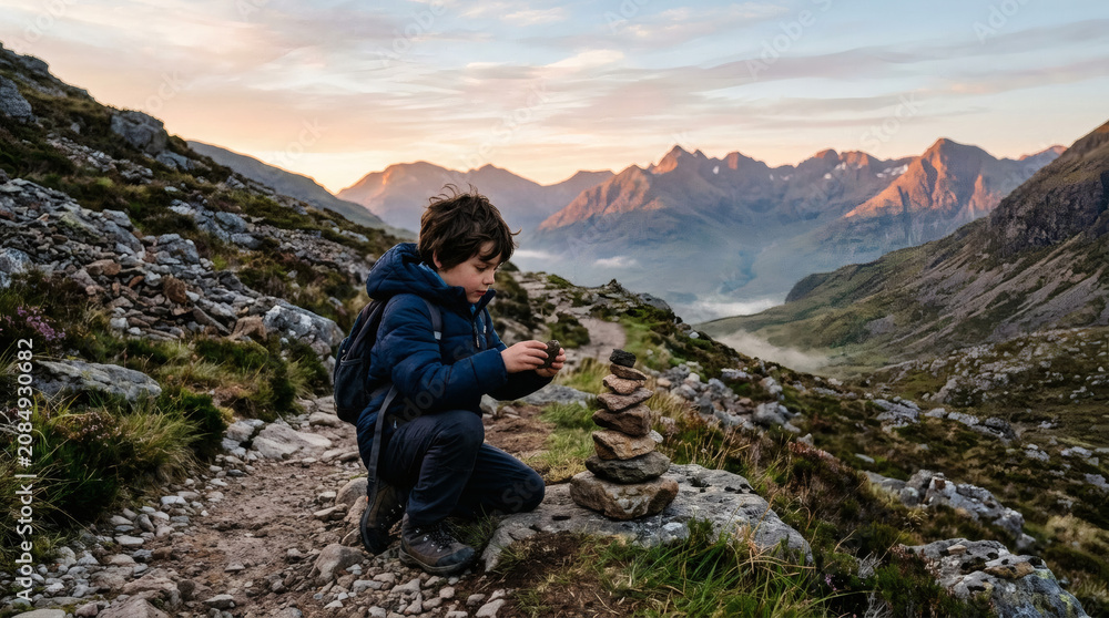Fototapeta premium Boy Building Stone Cairn on Mountain Trail During Sunset