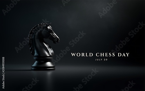Black chess knight on dark background for world chess day