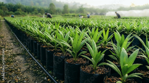 Young oil palm seedlings growing in black polybags at a commercial nursery plantation