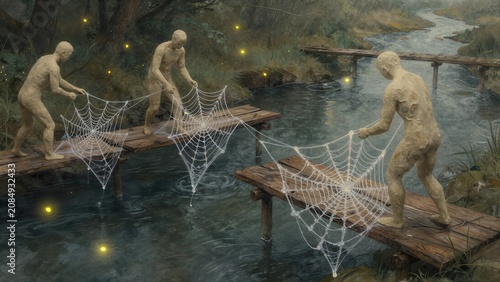 Three stone figures weave giant spiderwebs across a misty wooden bridge over dark water.