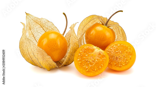 Fresh physalis peruviana fruits with husks isolated on white background
