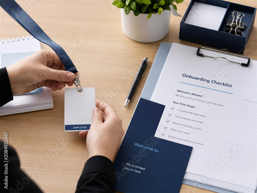 Hands attach a blank employee badge beside an onboarding checklist folder and pen on a clean office desk for new hire orientation company training and human resources preparation tasks
