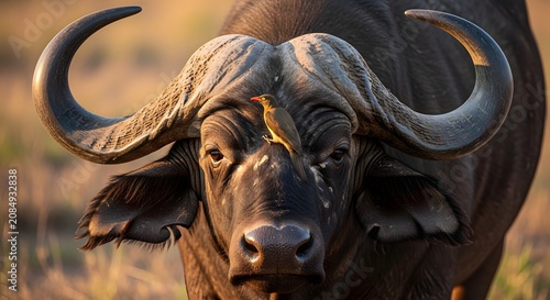 A mighty Cape buffalo with a small bird on its forehead