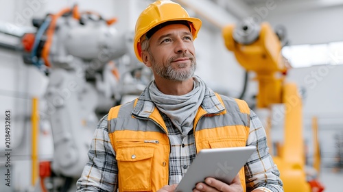 Worker in hard hat holds tablet in factory.