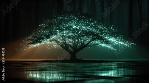 A mystical tree glowing with an ethereal light, reflected in the dark water below. The atmosphere is mysterious and enchanting