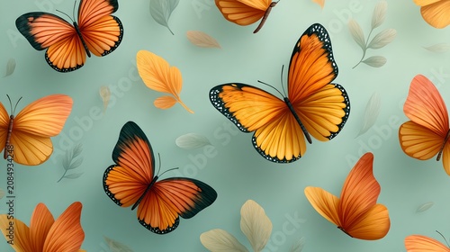 A vibrant collection of orange butterflies fluttering amidst subtle leaf and petal accents, creating a beautiful and whimsical design