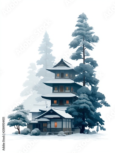 A serene Japanese pagoda nestled amongst snow-covered pine trees, evoking a sense of peace and tranquility. The traditional architecture stands out against the soft, hazy background.