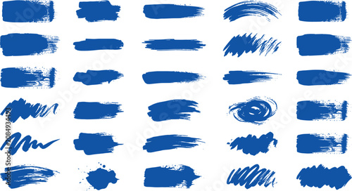 Blue Paint Brush Stroke Vector Elements Set with Grunge Textures, Ink Splatters, Swashes, and Artistic Acrylic Smudges for Graphic Design Layouts