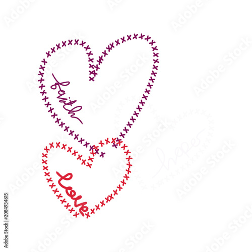 Fotografie Faith and Love Stitched Hearts Typography Cross Stitch Valentine Design