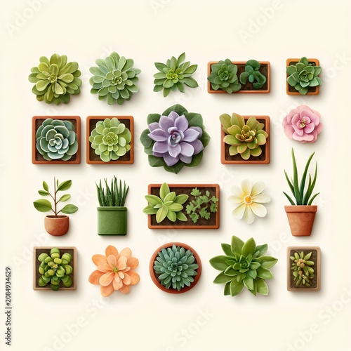 A vibrant collection of various succulent plants, neatly arranged in pots and planters on a light beige background. The succulents showcase a spectrum of green and purple hues.