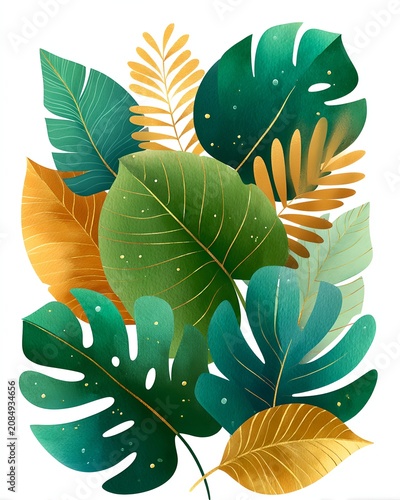 A beautiful arrangement of tropical leaves in various shades of green and gold, creating a lush and vibrant botanical display