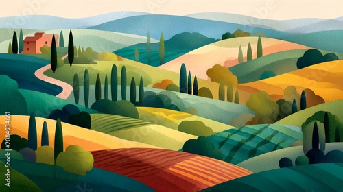 A picturesque Tuscan landscape with rolling hills, cypress trees, and a farm house. The image is rendered in a stylized, painterly manner, evoking a sense of warmth and beauty