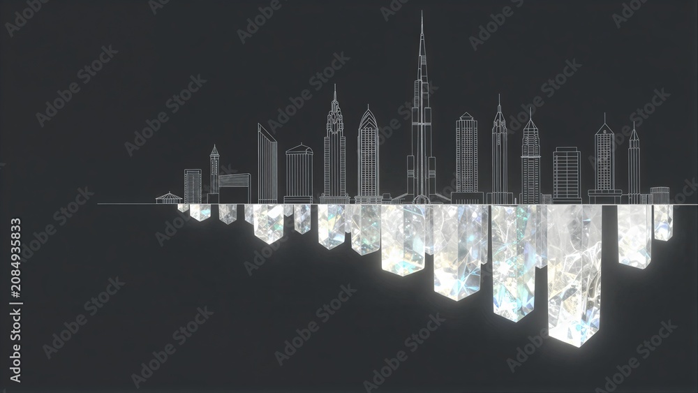 Obraz premium City skyline outline mirrored in glowing crystals against a dark background.